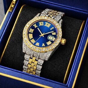 Watch Men Silver, Blue & Gold Rhinestones with Blue‎ Face Roman Scale Calendar